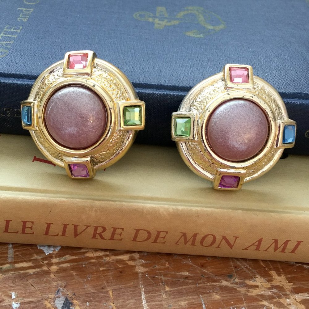 Vintage 80's Earrings, Oversized Pastel Gem and Gold Statement Clip-Ons